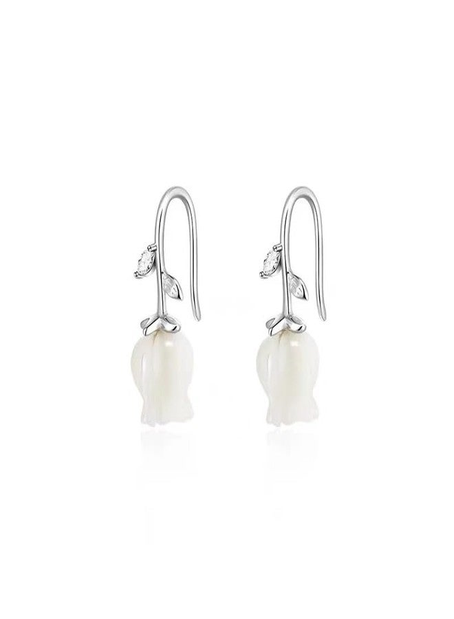 WZNBBOY 925 Sterling Silver Lily of the Valley Earrings White Lily Flower Rhinestone Fairy Earrings Cute Dangling Flower Earrings for Women Gift - Image 2